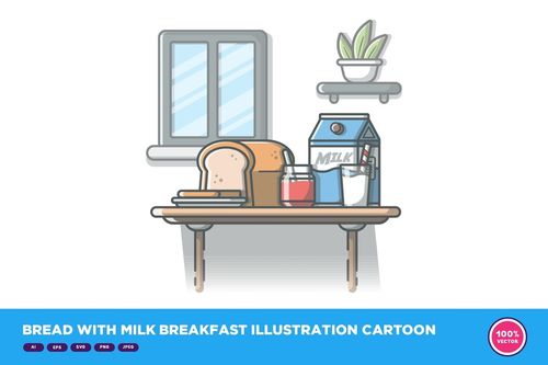 面包 包加 牛奶 早餐 漫画 设计素材 设计素材
